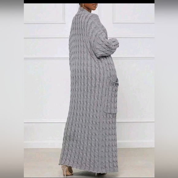Full Length Grey Cable Knit Cardigan Sweater - Picture 3 of 3